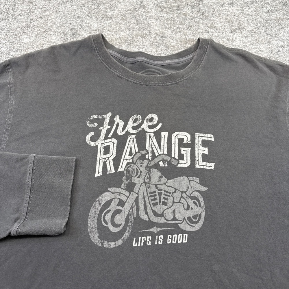 Life is Good Free Range motorcycle t-shirt men's large gray long sleeve casual